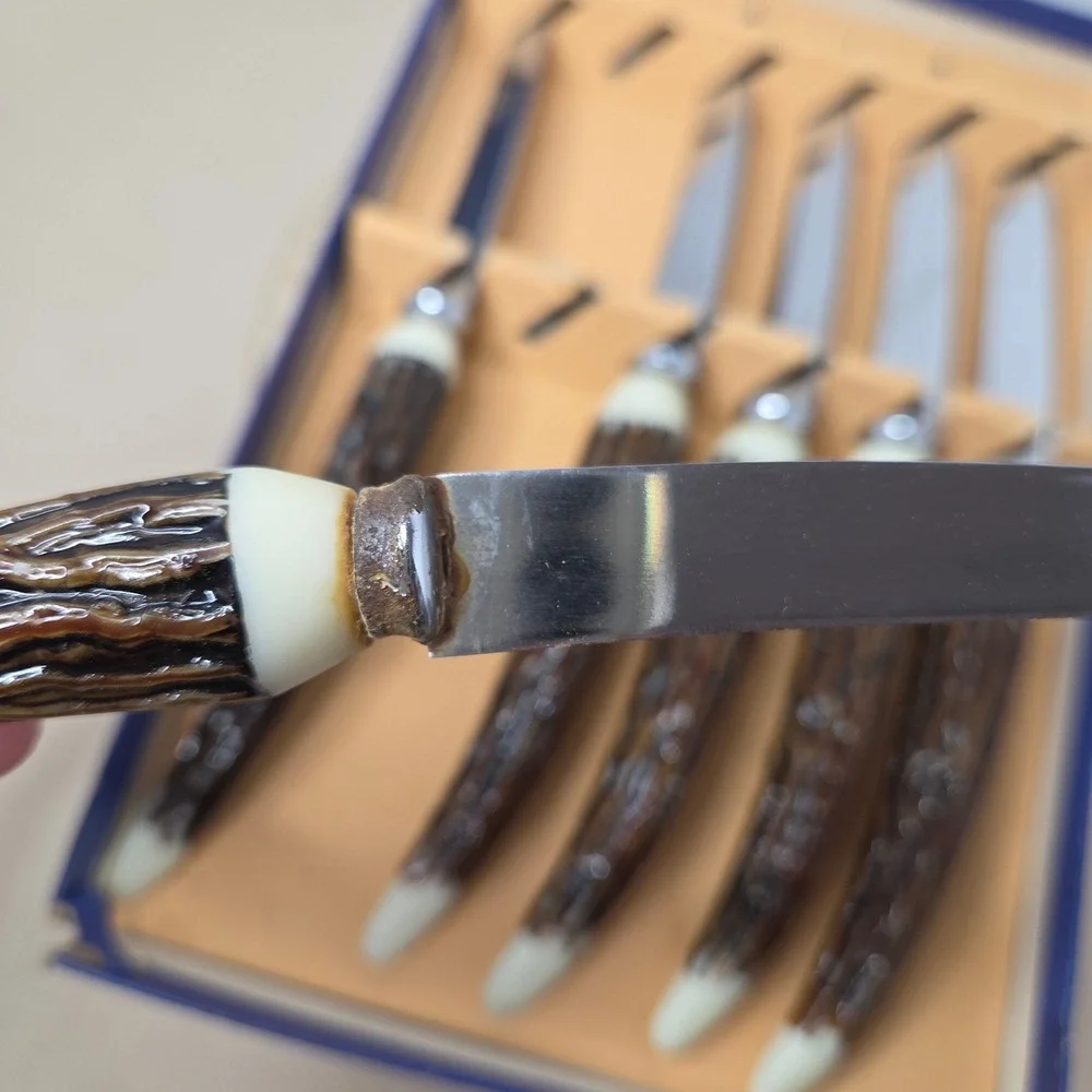 Vintage Faux Antler Handle Steak Knives Set of 6 in partial Original‎ Box